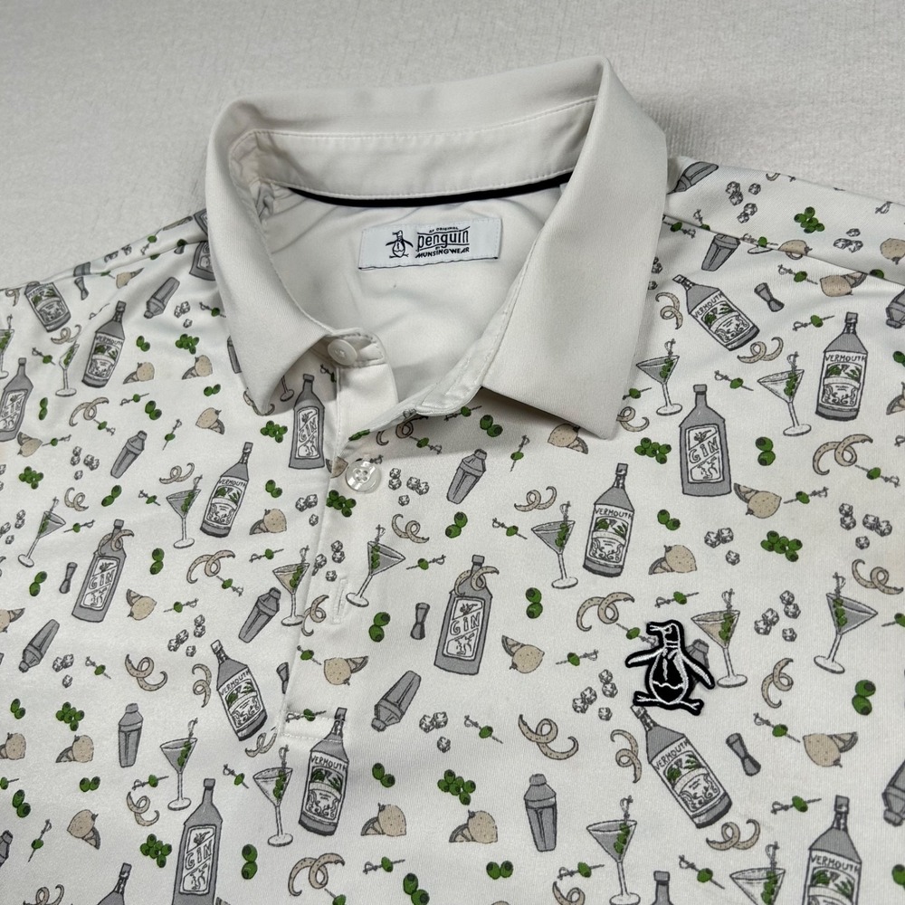 Penguin Golf Shirt Mens L Polo Martini Cocktails Gin All Over Print Performance - Picture 3 of 11